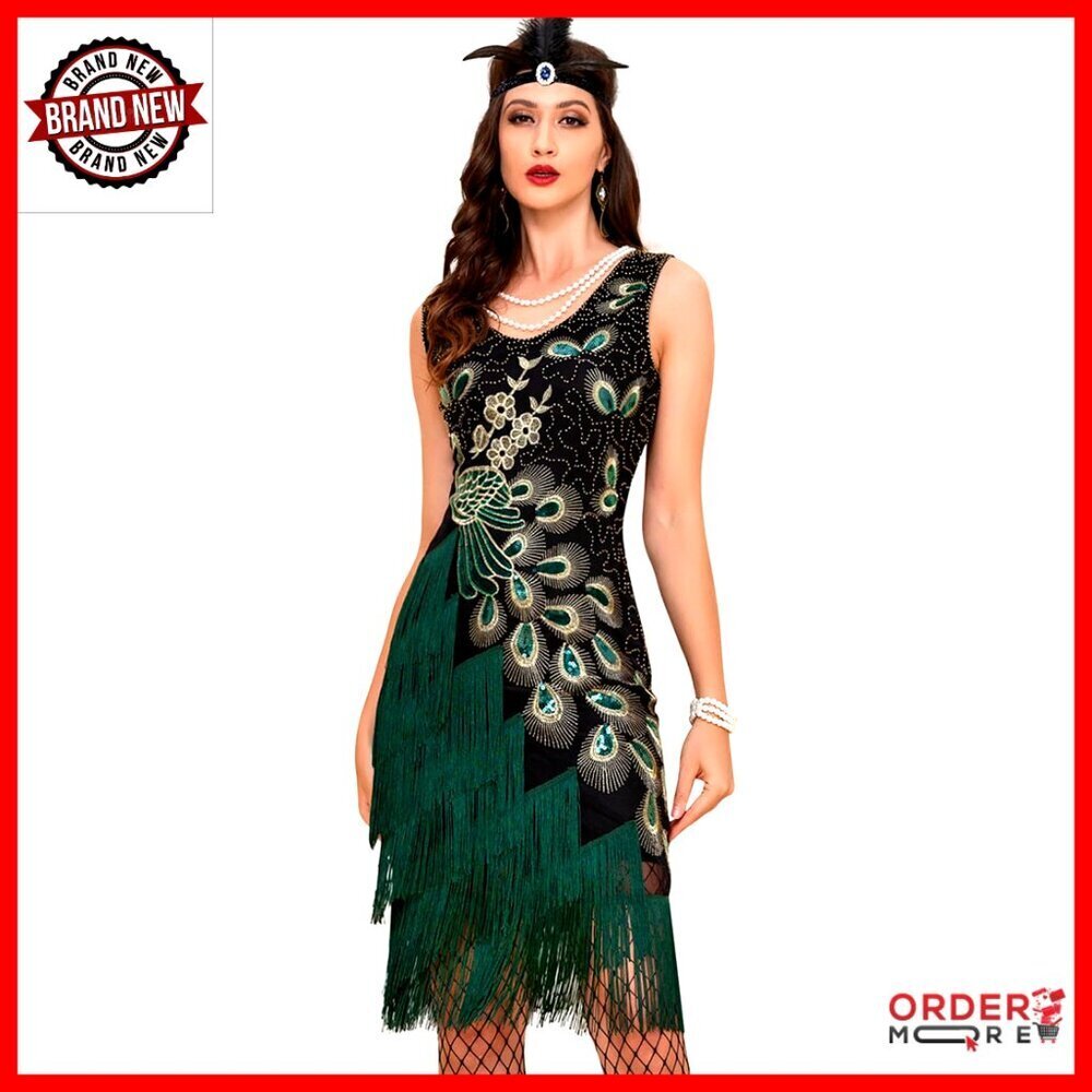 Vintage Sequined Flapper Dress with Tassels, Midi Length, Zipper Closure
